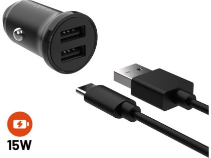 Set autonabíječky FIXED s 2xUSB výstupem a USB/USB-C kabelu, 1 metr, 15W Smart Rapid Charge, černá