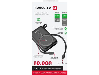 SWISSTEN POWER BANK 10000 mAh PD 20W S INTEGROVANÝMI KÁBLAMI USB-C A LIGHTNING (kompatibilný s MagSafe)