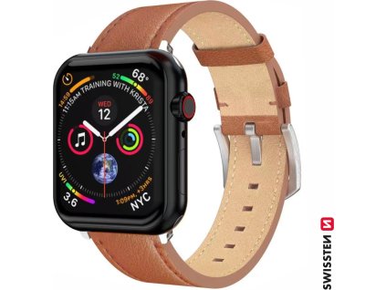 SWISSTEN ŘEMÍNEK PRO APPLE WATCH KOŽENÝ 42 / 44 / 45 / 49 mm HNĚDÝ (stříbrná spona a stříbrné poutko)