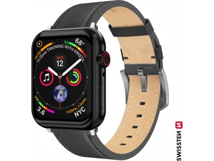 SWISSTEN ŘEMÍNEK PRO APPLE WATCH KOŽENÝ 42 / 44 / 45 / 49 mm ČERNÝ (stříbrná spona a stříbrné poutko)