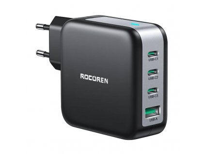 Síťová nabíječka GaN Rocoren 3x USB-C, 1x USB, Power Delivery 3.0, 100W (černá)