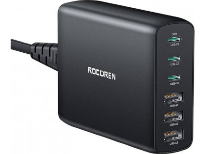 Síťová nabíječka GaN Rocoren 3x USB-C, 3x USB, 100W (černá)