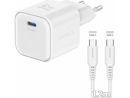 SWISSTEN SÍŤOVÝ ADAPTÉR GaN 1x USB-C 35W POWER DELIVERY BÍLÝ + DATOVÝ KABEL USB-C/USB-C 1,2 M BÍLÝ