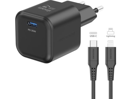 SWISSTEN SÍŤOVÝ ADAPTÉR GaN 1x USB-C 35W POWER DELIVERY ČERNÝ + DATOVÝ KABEL USB-C/LIGHTNING 1,2 M ČERNÝ