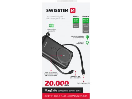 SWISSTEN POWER BANK 20000 mAh PD 20W S INTEGROVANÝMI KÁBLAMI USB-C A LIGHTNING (kompatibilný s MagSafe)