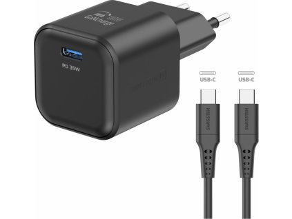 SWISSTEN SIEŤOVÝ ADAPTÉR GaN 1x USB-C 35W POWER DELIVERY ČIERNY + DÁTOVÝ KÁBEL USB-C/USB-C 1,2 M ČIERNY