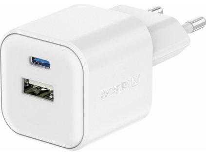 SWISSTEN SÍŤOVÝ ADAPTÉR GaN 1x USB-C 20W PD A 1x USB-A 18W QC BÍLÝ