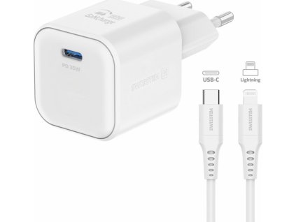 SWISSTEN SÍŤOVÝ ADAPTÉR GaN 1x USB-C 35W POWER DELIVERY BÍLÝ + DATOVÝ KABEL USB-C/LIGHTNING 1,2 M BÍLÝ