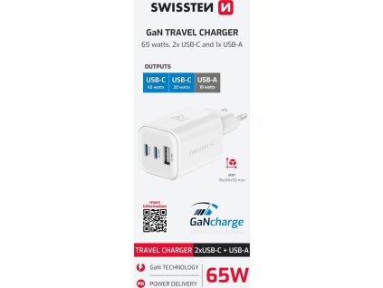 SWISSTEN SÍŤOVÝ ADAPTÉR GaN 2x USB-C 65W PD + 1x USB-A 30W QC BÍLÝ