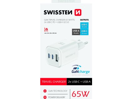 SWISSTEN SÍŤOVÝ ADAPTÉR GaN 2x USB-C 65W PD + 1x USB-A 18W QC BÍLÝ