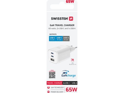 SWISSTEN SÍŤOVÝ ADAPTÉR GaN 2x USB-C 65W PD + 1x USB-A 30W QC BÍLÝ