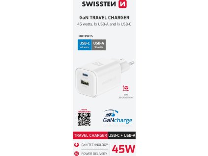 SWISSTEN SÍŤOVÝ ADAPTÉR GaN 1x USB-C 45W PD + 1x USB-A 18W QC BÍLÝ