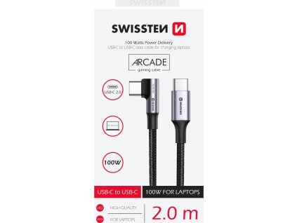 TEXTILNÍ DATOVÝ KABEL SWISSTEN ARCADE USB-C / USB-C 2 M, 5A (100W) PRO NOTEBOOKY ČERNÝ