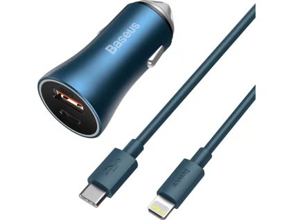 Baseus Golden Contactor Pro nabíječka do auta, USB USB-C, QC4.0 , PD, SCP, 40W (modrá) USB-C - Lightning kabel 1m (modrá)