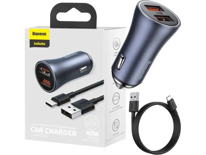 Nabíječka do auta Baseus Golden Contactor Pro, 2x USB, 40W (šedá) + kabel USB do USB-C 1m (černý)