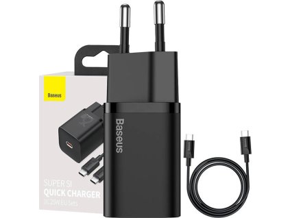Baseus TZCCSUP-L01 Super Si Quick Nabíječka USB-C 25W + Datový Kabel USB-C  to USB-C 1m Black