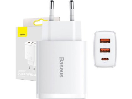 Baseus Compact Quick Charger, 2xUSB, USB-C, PD, 3A, 30W (bílá)
