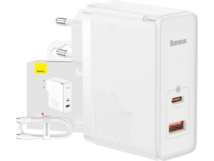 Nástenná nabíjačka Baseus GaN5 Pre USB-C + USB, 100W + 1m kábel (biela)