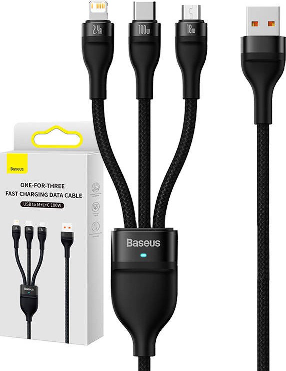 USB kabel 3v1 Baseus Flash Series, USB-C + micro USB + Lightning, 100W, 1,2 m (černý)