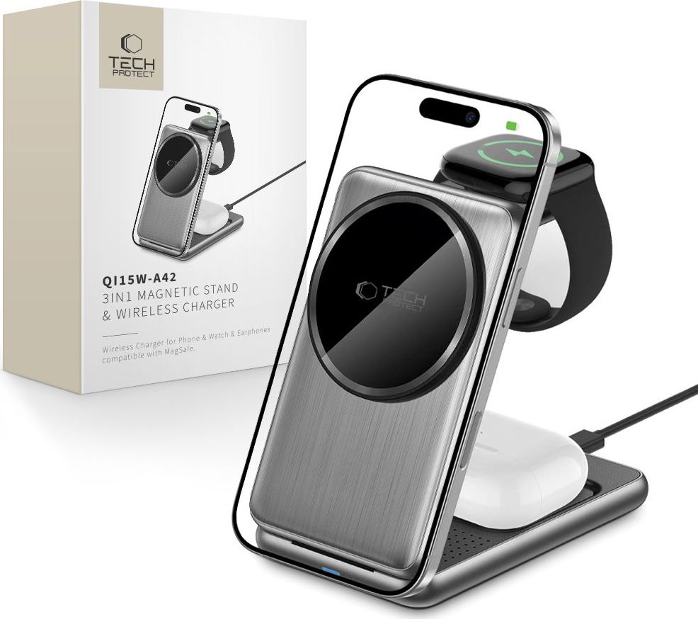 TECH-PROTECT QI15W-A42 3IN1 MAGNETIC MAGSAFE WIRELESS CHARGER SPACE GREY