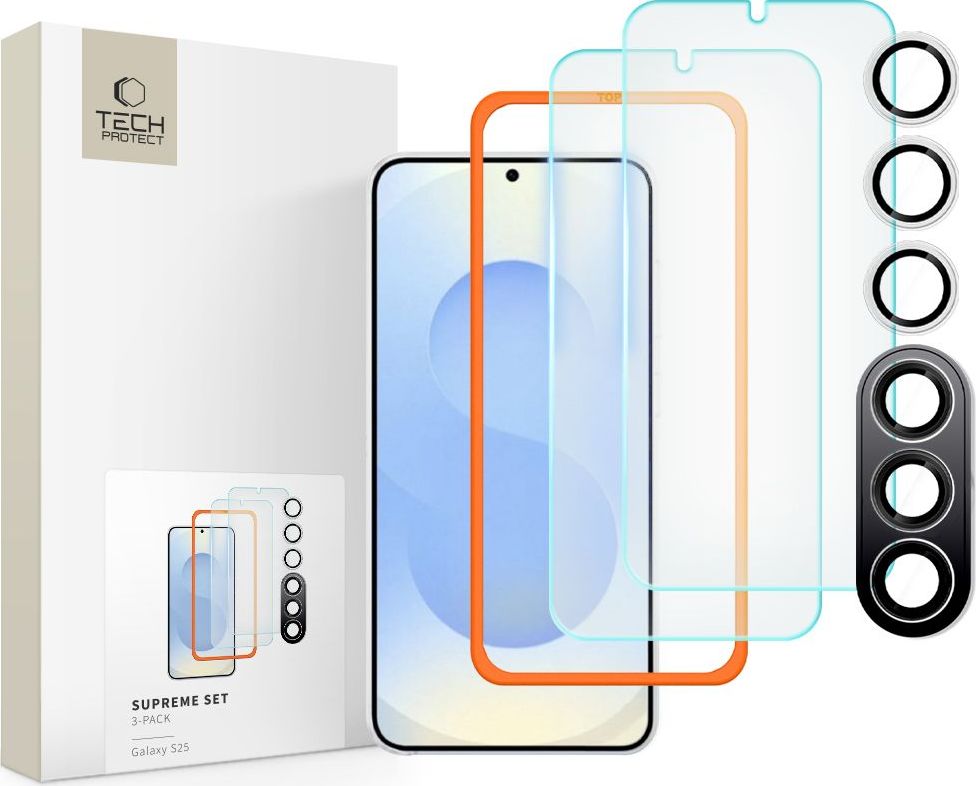Tvrzené sklo na displej a čočku fotoaparátu TECH-PROTECT SUPREME SET 3-PACK GALAXY S25 CLEAR