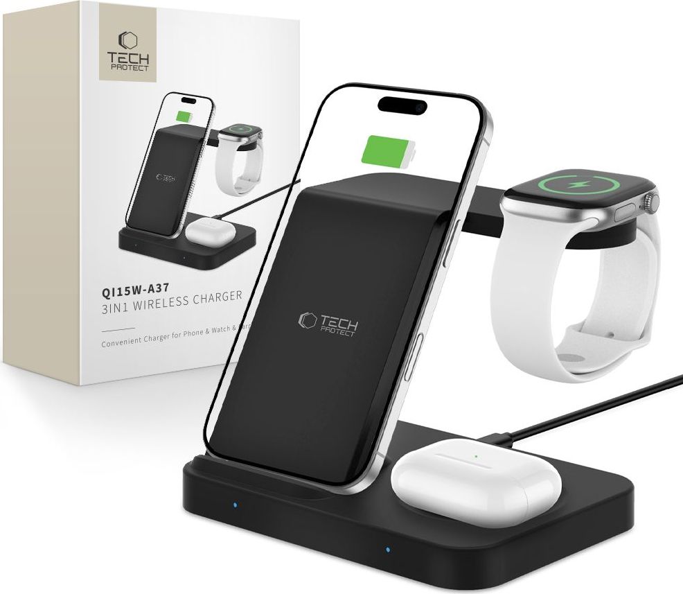 Bezdrátová nabíječka TECH-PROTECT Qi15W-A37 3v1 pro Android a Apple černá
