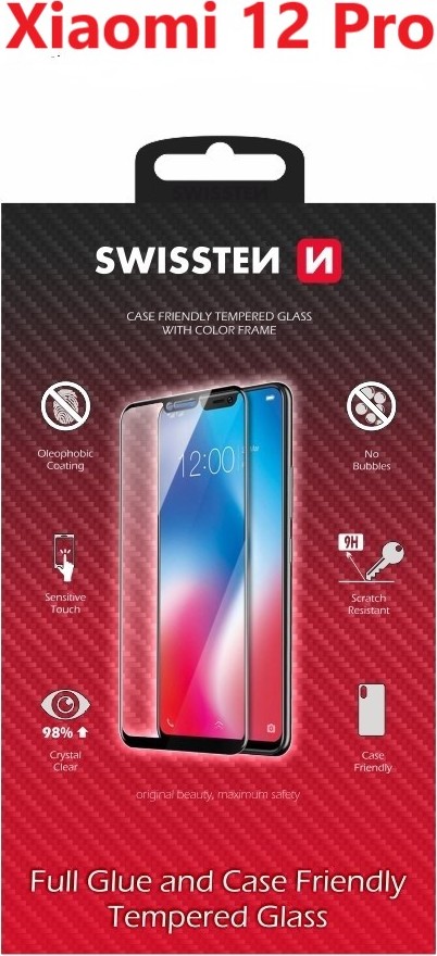 SKLO SWISSTEN FULL GLUE, COLOR FRAME, CASE FRIENDLY PRO XIAOMI 12 PRO ČERNÉ