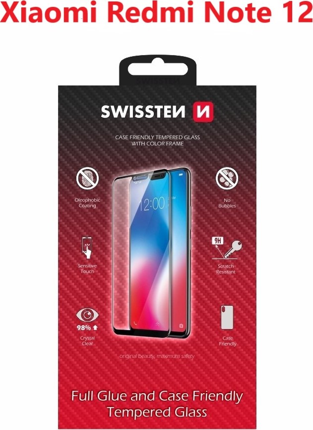 SKLO SWISSTEN FULL GLUE, COLOR FRAME, CASE FRIENDLY PRO XIAOMI REDMI NOTE 12 ČERNÉ