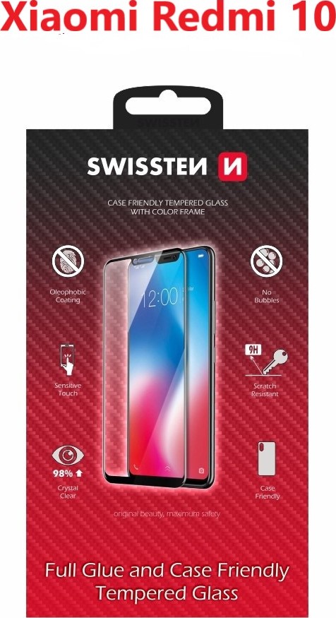 SKLO SWISSTEN FULL GLUE, COLOR FRAME, CASE FRIENDLY PRO XIAOMI REDMI 10 LTE ČERNÉ
