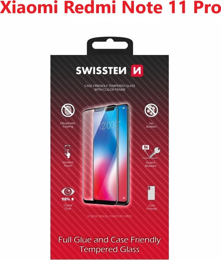 SKLO SWISSTEN FULL GLUE, COLOR FRAME, CASE FRIENDLY PRO XIAOMI REDMI NOTE 11 PRO ČERNÉ