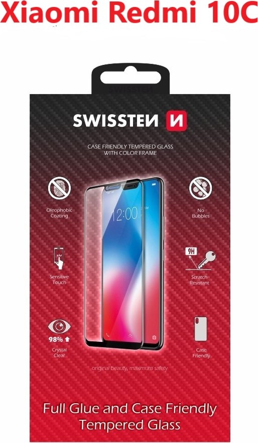 SKLO SWISSTEN FULL GLUE, COLOR FRAME, CASE FRIENDLY PRO XIAOMI REDMI 10C ČERNÉ