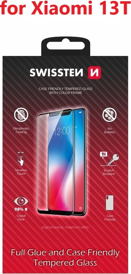 SKLO SWISSTEN FULL GLUE, COLOR FRAME, CASE FRIENDLY PRO XIAOMI 13T ČERNÉ