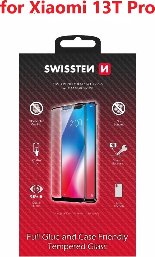 SKLO SWISSTEN FULL GLUE, COLOR FRAME, CASE FRIENDLY PRO XIAOMI 13T PRO ČERNÉ