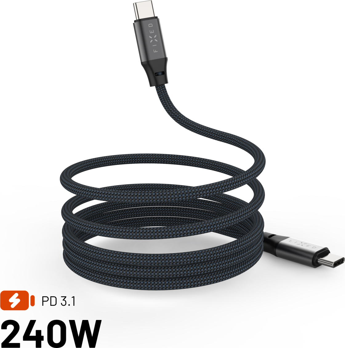 Levně Magnetický nabíjecí a datový opletený kabel FIXED s konektory USB-C/USB-C a podporou PD, 1.2m, USB 2.0, 240W, šedý
