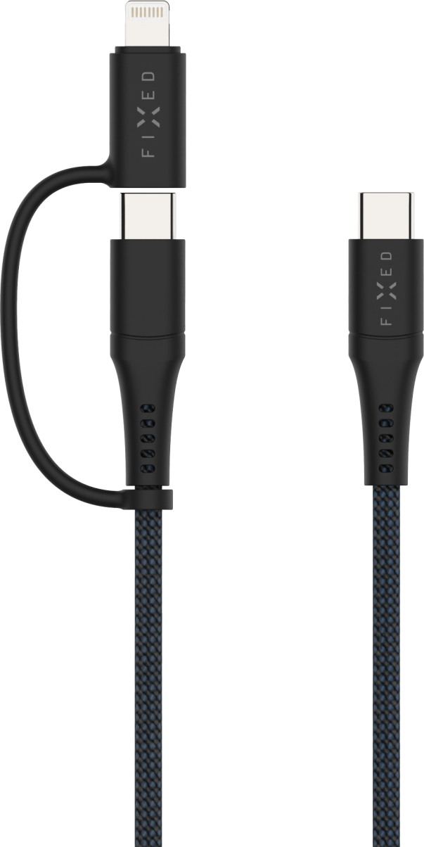 Nabíjecí a datový opletený kabel FIXED s konektory USB-C/USB-C a Lightning adaptérem, PD, 1.2m, MFi, PD 60W, šedý