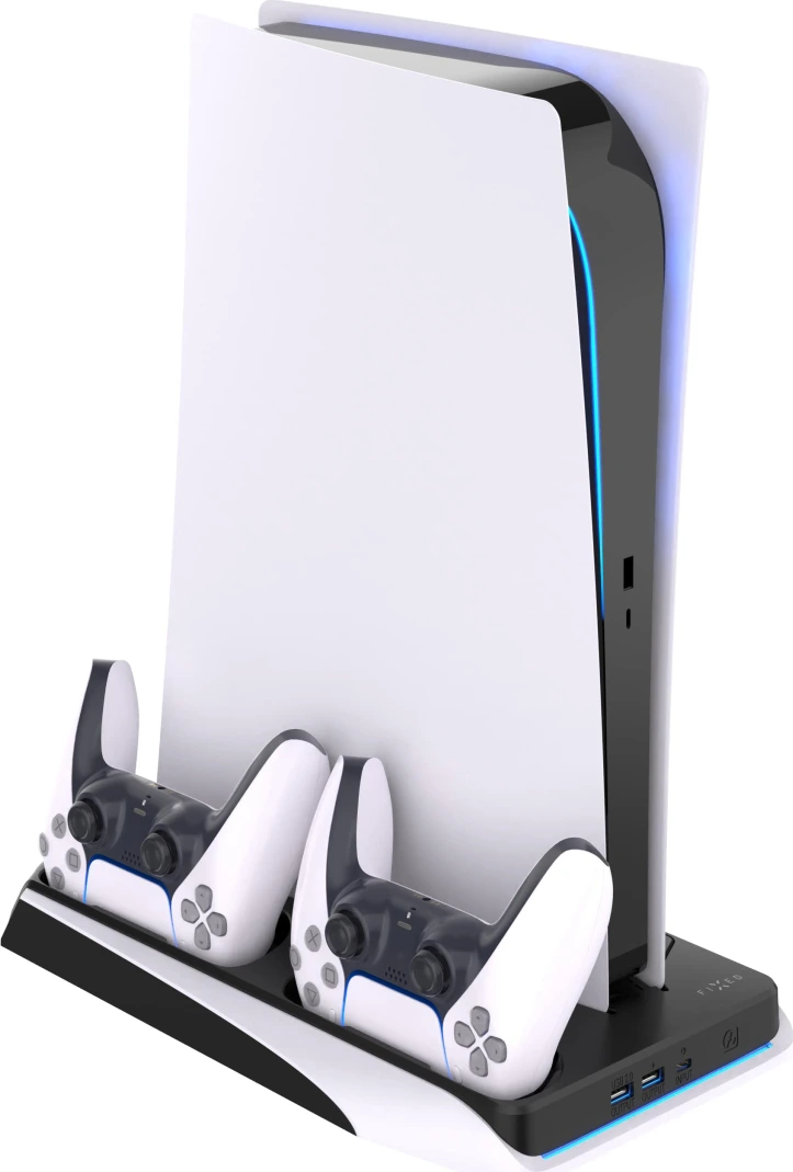 Multifunkční stanice FIXED pro PlayStation 5 s chlazením a nabíjením pro dva ovladače DualSense, černo-bílá