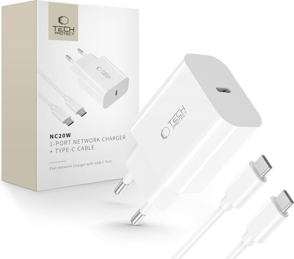 TECH-PROTECT NC20W 1-PORT SÍŤOVÁ NABÍJEČKA PD20W + TYPE USB-C CABLE WHITE