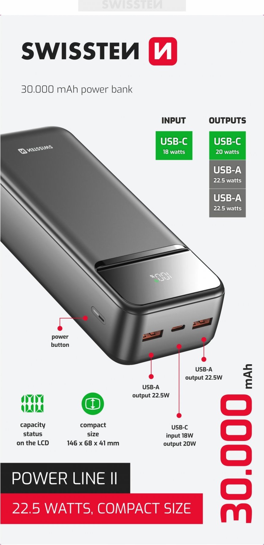 SWISSTEN POWER BANK 30000 mAh POWER LINE II ČERNÁ