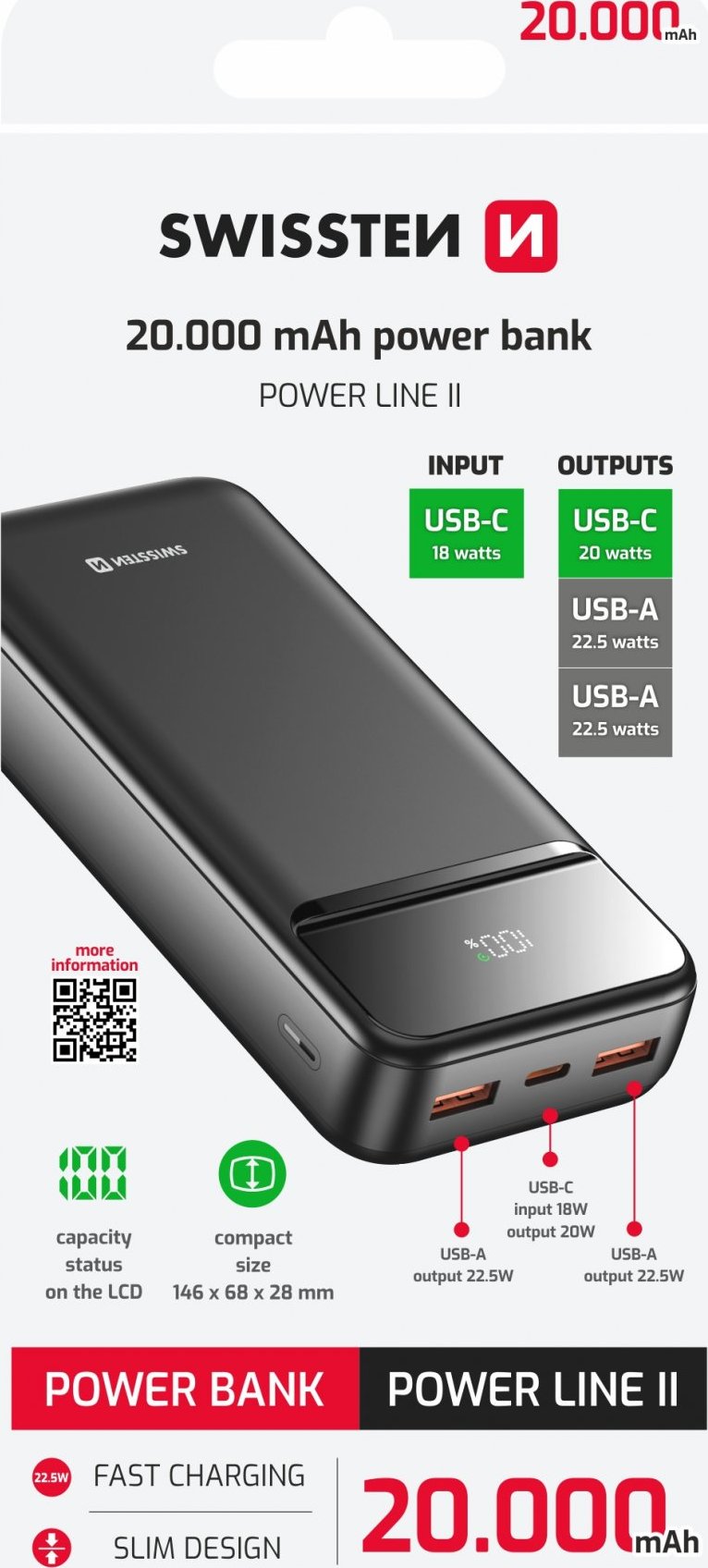 SWISSTEN POWER BANK 20000 mAh POWER LINE II ČERNÁ