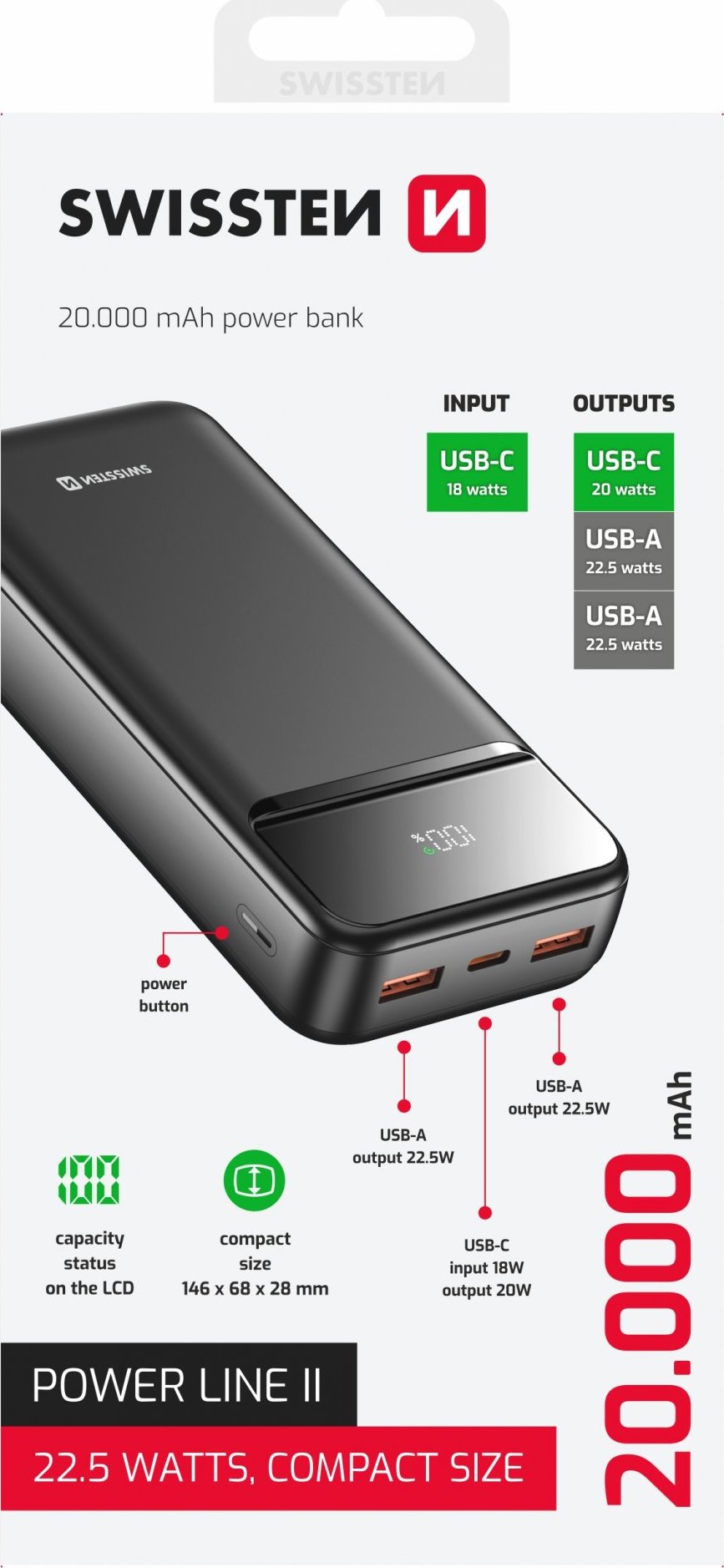 SWISSTEN POWER BANK 20000 mAh POWER LINE II ČERNÁ