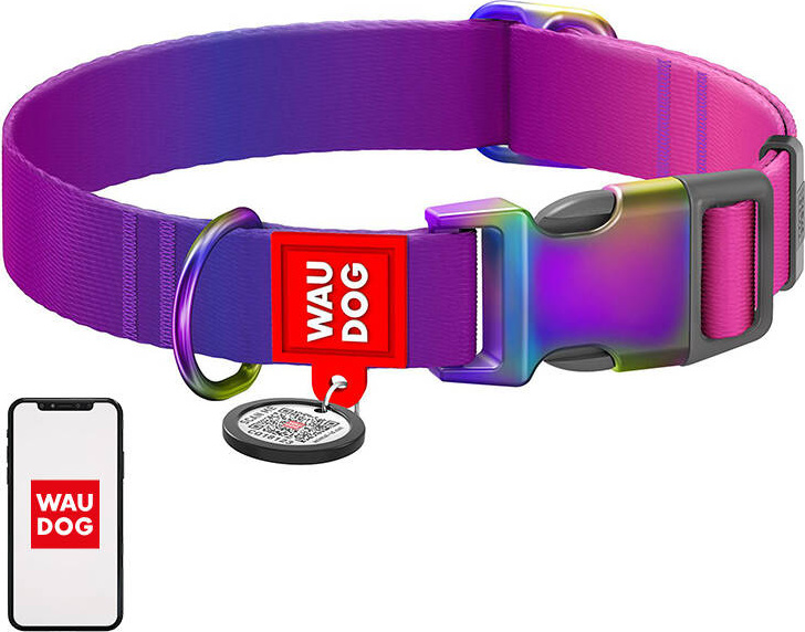 Nylonový obojek pro psa s QR kódem WAUDOG 15 mm široký, 25-35 cm dlouhý fialový