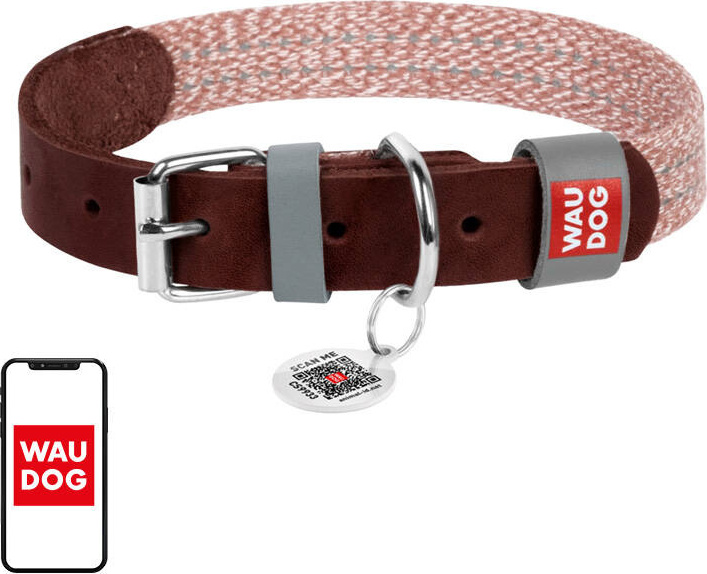 Obojek pro psa z přírodní kůže a recyklovaného materiálu s QR kódem Waudog vel. L, šířka 25 mm, hnědá