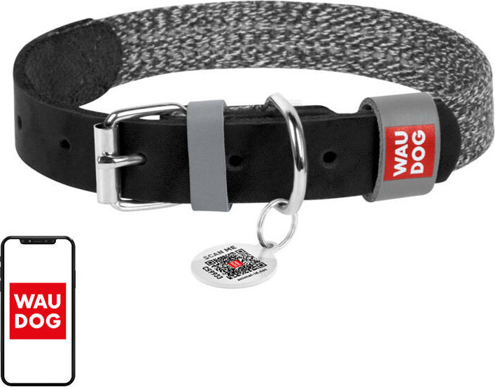 Obojek pro psa z přírodní kůže a recyklovaného materiálu s QR kódem Waudog vel. L, šířka 25 mm, černý