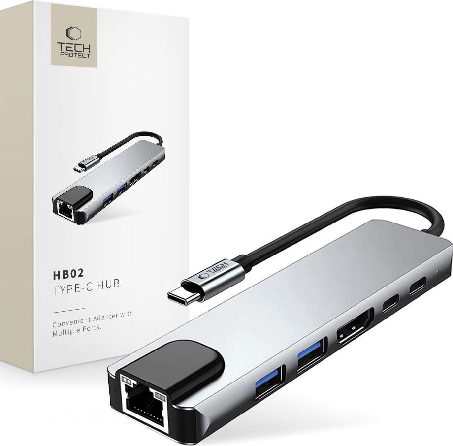 TECH-PROTECT HB02 HUB ADAPTER 6IN1 TYPE-C + USB2.0 + USB3.0 + HDMI 4K 30HZ + RJ45 + PD100W SPACE GREY