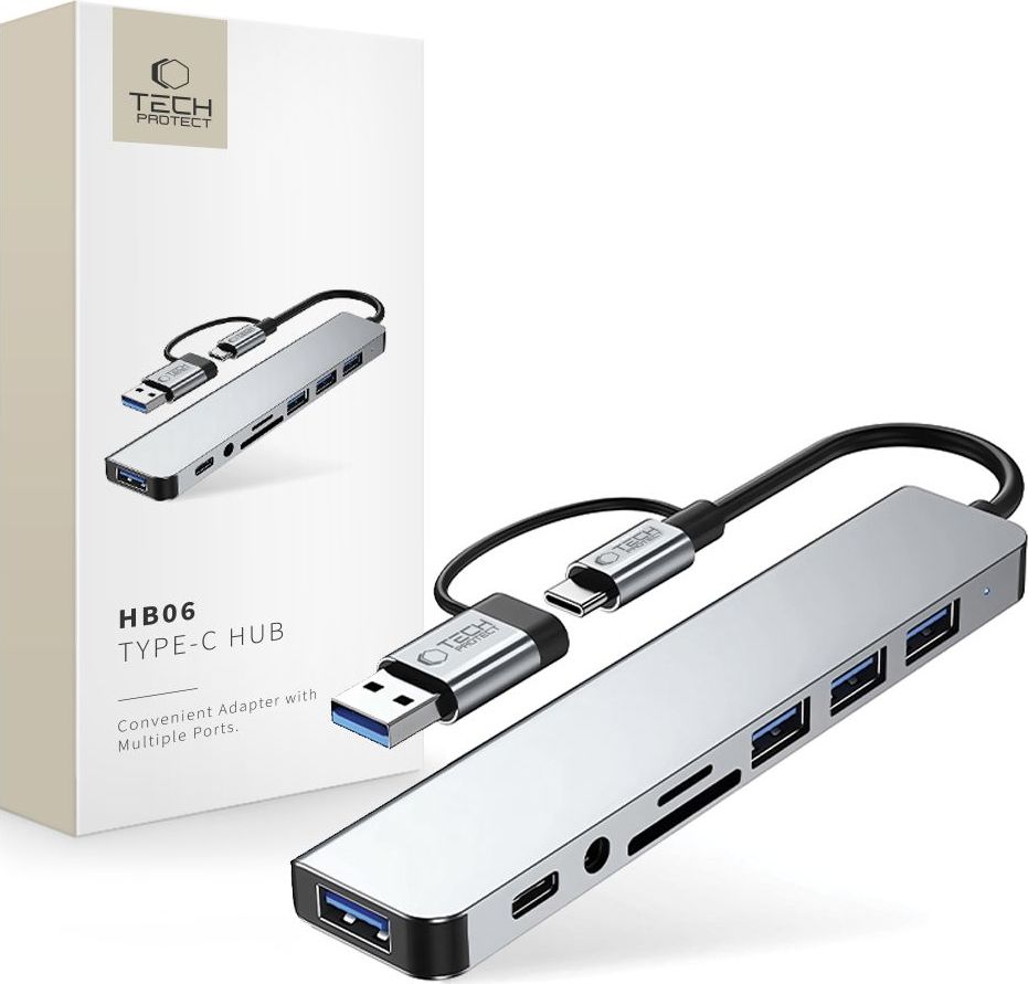 TECH-PROTECT HB06 HUB ADAPTER 8IN1 TYPE-C + USB2.0 + USB3.0 + SD/TF + AV3.5 SPACE GREY