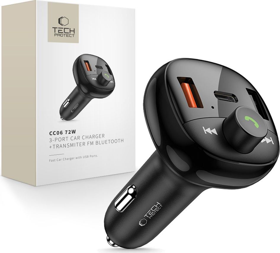 TECH-PROTECT CC06 3-PORT CAR CHARGER PD 72W + TRANSMITER FM BLUETOOTH BLACK