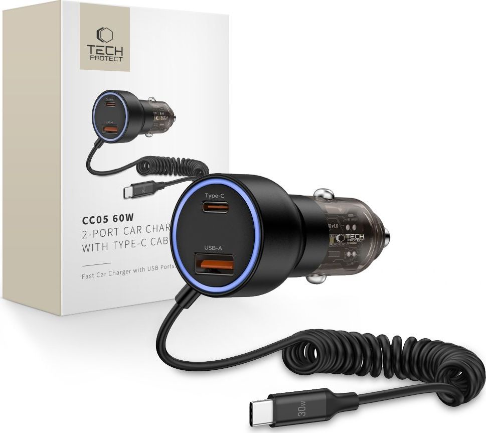 TECH-PROTECT CC05 2-PORT CAR CHARGER PD 60W + CABLE BLACK