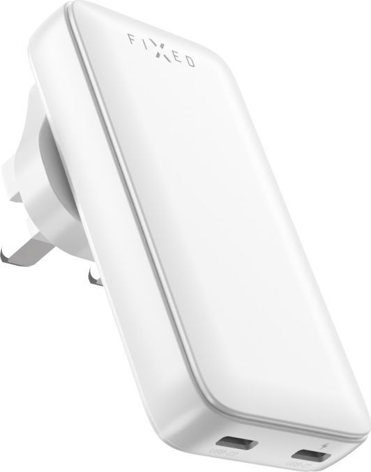 Síťová GaN nabíječka FIXED Slim Traveller s 2x USB-C výstupem s vyměnitelnými adaptéry, 45W, bílá