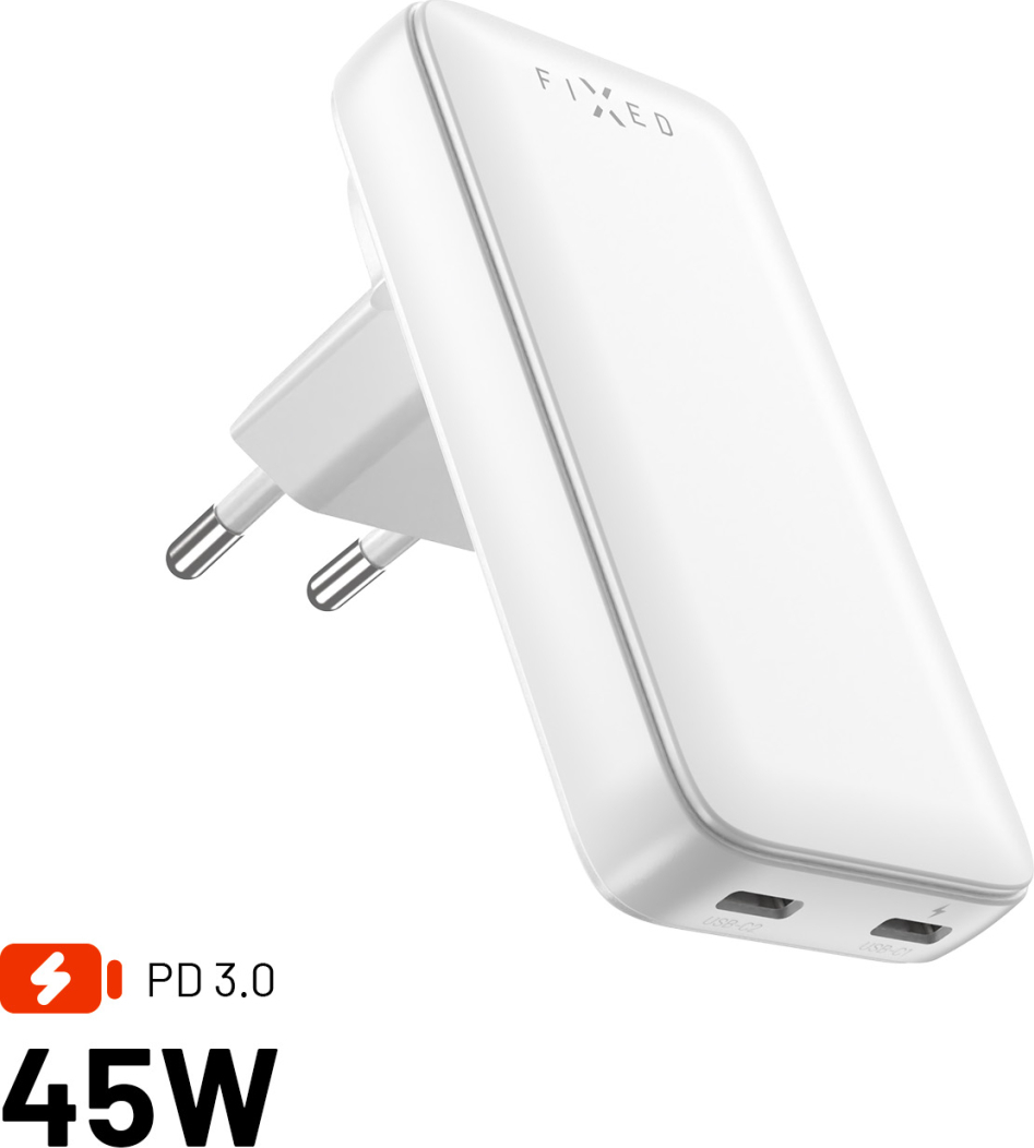 Síťová GaN nabíječka FIXED Slim Traveller s 2x USB-C výstupem s vyměnitelnými adaptéry, 45W, bílá