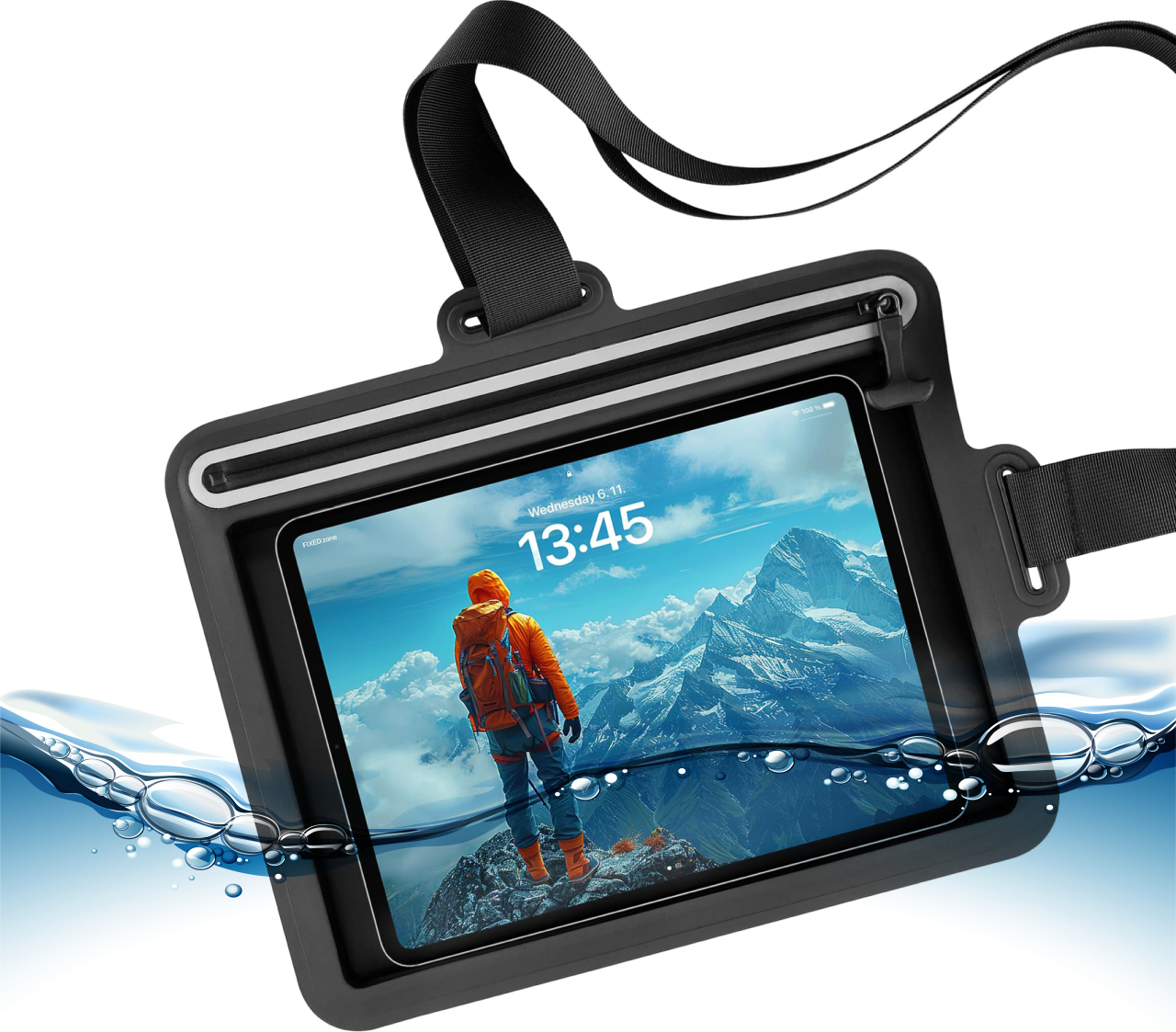 Voděodolné pouzdro na tablet FIXED Dry Tab přes rameno s certifikací IPX8, černé